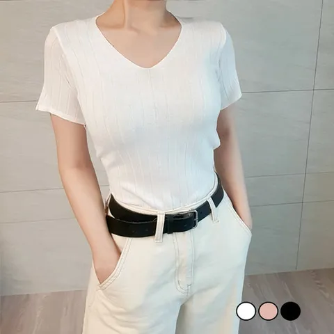 식스에비뉴 베이직 골지 슬림 반팔 니트