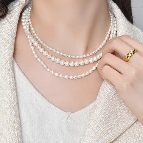 [리드박스] 실버 18K 3mm 4mm 5mm 6mm 레이어드 담수진주 목걸이