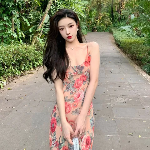 나시 플라워 뷔스티에 슬림 레이스 쉬폰 여성스러운 원피스