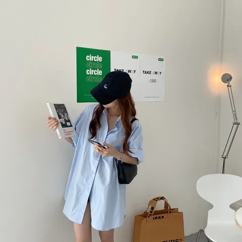 [간절기인기] 드리머 롤업 오버핏 박시 무지 반팔 여자 롱셔츠