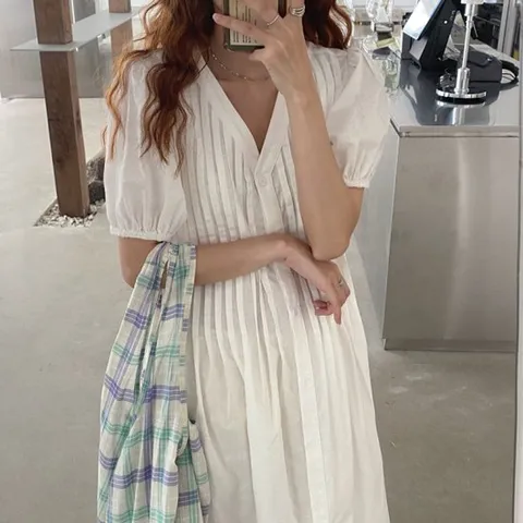 [모노위크][700장돌파] 히어로 브이넥 반팔 핀턱 린넨 여름 롱원