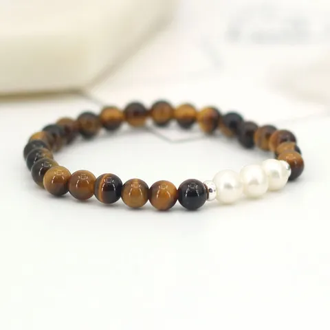 SG019-브라운 호안석6mm+담수 진주+실버 925 원석 염주 은 팔찌