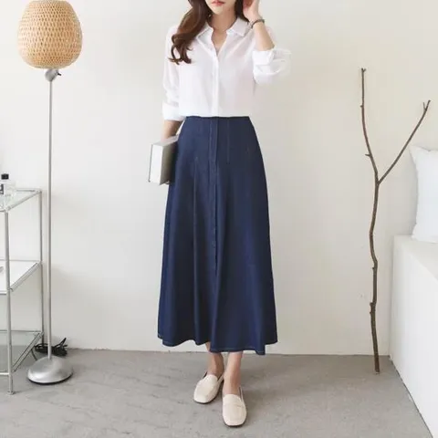 [무배] 여자 스티치 핀턱 치마 출근룩 플레어 데님 롱 스커트