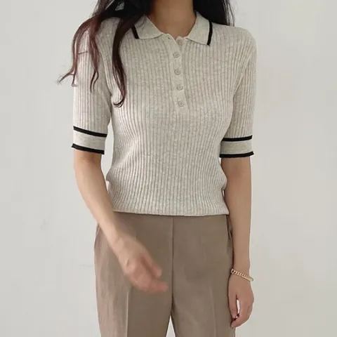 [어반프랑] 로에 뱀부 골지 니트 카라 배색 셔츠 반팔 티셔츠