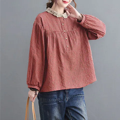 [유니제이] 란트 레이스 카라 체크 블라우스