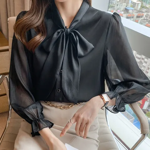 [이쁘다] 페링 리본 펄 시스루 블라우스