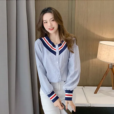 [유니제이] 루틴 스트라이프 배색 블라우스