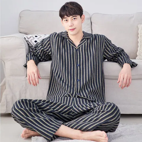 [국내생산] 남성 선염기모 스트라이프 카라 잠옷 상하세트