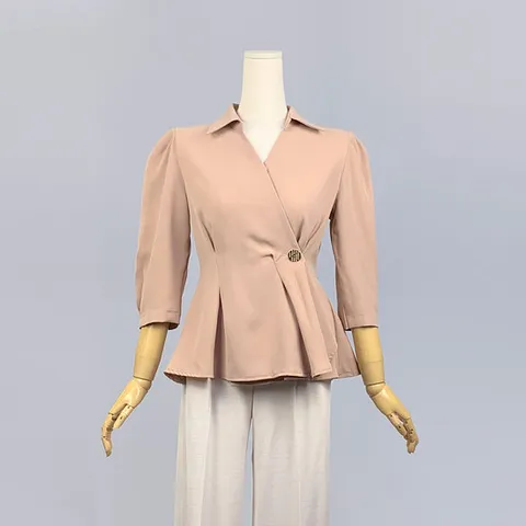 셔츠카라 버튼 랩 7부 블라우스 (JA1WB014)