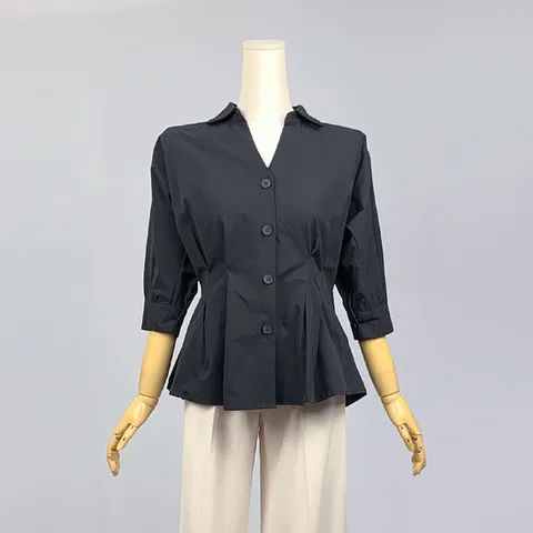 V 카라넥 허리 핀탁 7부 블라우스 (JA1WB009)