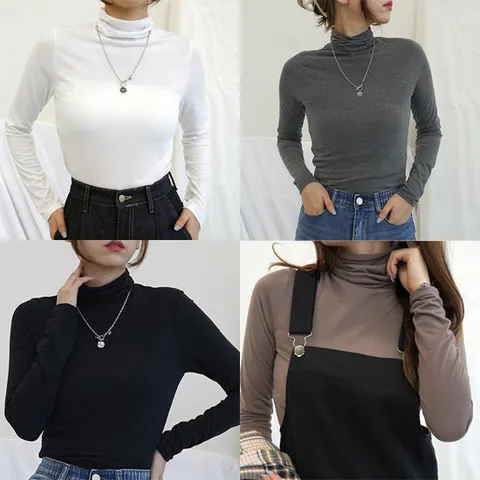 [큐티팝] 스판 무지 기본 이너 레이어드 목폴라 티셔츠 터틀넥