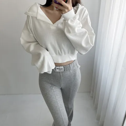 글램핏 / 기모 브이넥 베이직 크롭 루즈 데일리 후드티
