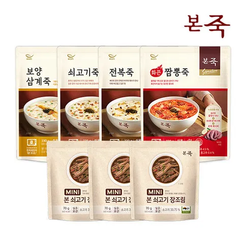 [본죽] 죽330g+장조림 A SET 총 7팩(전+쇠+삼계+짬뽕+미니3)