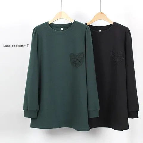 [해피통통] 빅사이즈 레이스 포켓 긴팔티 루즈핏 셔링 큐티 여성의류