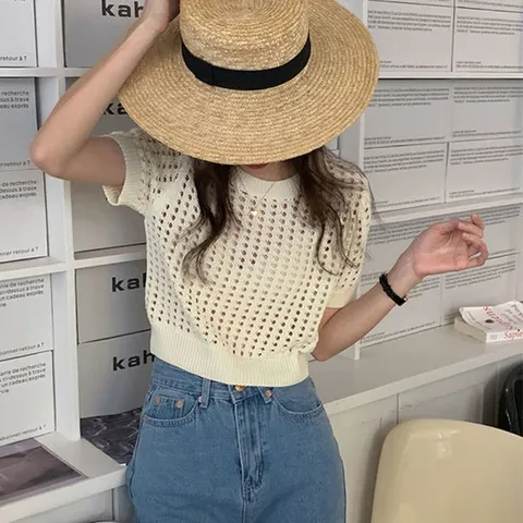 슈팅스타 / 뜨개 짜임 시스루 펀칭 크롭 여름 니트 반팔티 19025
