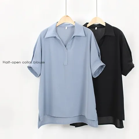 [해피통통] 빅사이즈 반오픈 카라 반팔 블라우스 여성 정장 여름블라우스 오피스옷 미시 하객 쿨한 여성의류