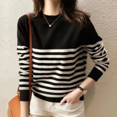 나바바 / NK686 여성 캐주얼 심플 단가라 라운드넥 긴팔 니트티