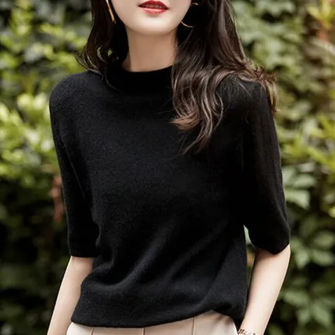 여자니트 여름 라운드 넥 반팔 니트 티 여성 박시 셔츠 블랙