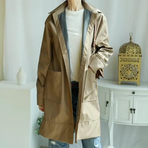 가을 베이지 카키 블랙 여성 배색 트렌치코트 롱 야상 자켓