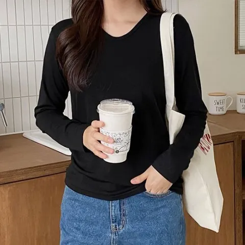 [세라제이] 피치기모 UV넥 스판 라운드 긴팔티셔츠