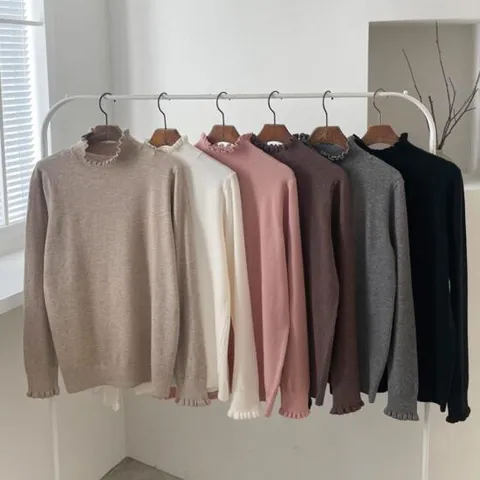 [무료배송] 여자 프릴 반목 폴라 레이어드티 긴팔 니트