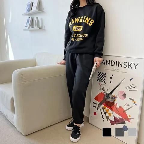 [비틀버드]호킨스 여자 기모 맨투맨 조거 세트 SD221161