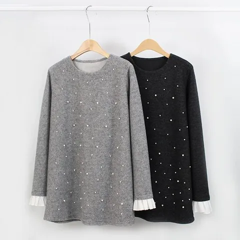 [해피통통] 빅사이즈 프릴진주 긴팔티 겨울 정장 진주 티셔츠 여성의류