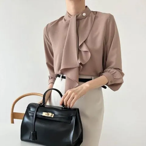 [옷자락 무배] 여자 프릴 하이넥 진주 하객 면접 긴팔 블라우스