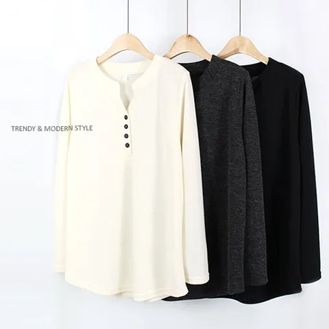 [해피통통] 빅사이즈 버튼 긴팔티 차이나카라 여성 정장 긴소매 티셔츠 여성의류