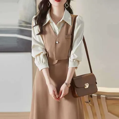 미뉴트[3210]-페이크 투피스 A 라인 원피스