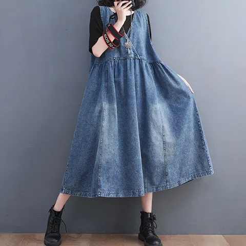 [쿠잉]23381 여성 오버핏 빅사이즈 데님 멜빵 롱 원피스