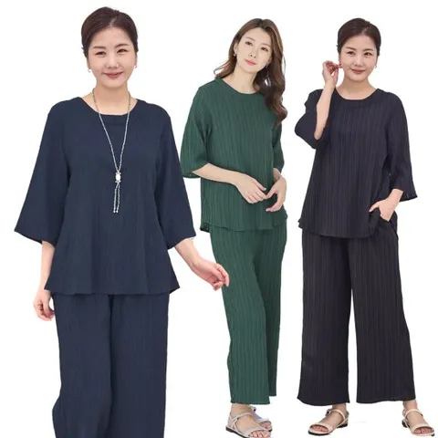 이브바바 여성 여름 인견 루즈핏 7부 상하 플리츠세트 중년 엄마옷