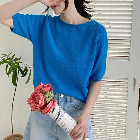 [옷자락]여자 입술넥 라글란 부클레 코발트 반팔니트 티셔츠