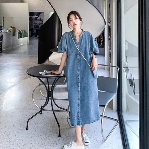 [이쁘다] 로케 반팔 데님 롱 원피스