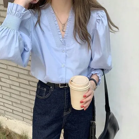 [어썸] 스모크프릴 브이넥 긴팔 블라우스_261185