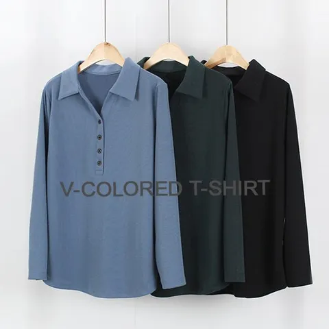 [해피통통] 빅사이즈 카라버튼 긴팔티 니트 정장 긴소매 티셔츠 여성의류