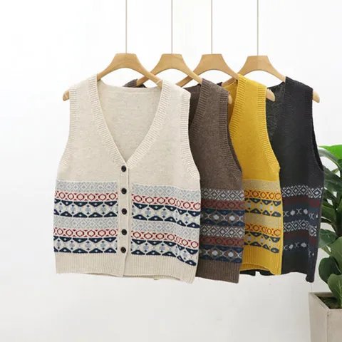 여성 울 단추 니트  조끼 여자 베스트 에스닉 패턴 브이넥