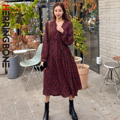 [헤링본] 여성 봄 가을 긴팔 롱 미디 원피스 플라워 셔링 플리츠 루즈핏 빅사이즈 HD032