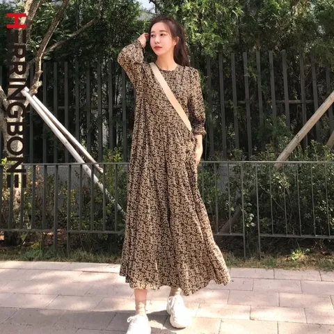 [헤링본] 여성 봄 가을 긴팔 롱 원피스 엔틱 플라워 플레어 루즈핏 빅사이즈 HD025