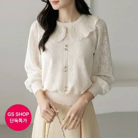 [GS단독-스타일온미] 레이스 카라 에스닉 다이아 니트 블라우스