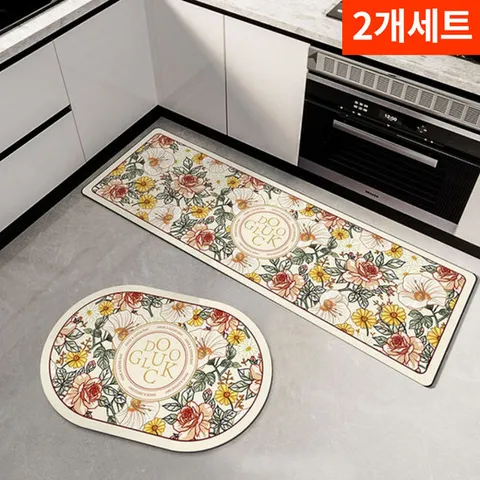 [2개세트]세탁가능 화사한 꽃무늬 규조토 주방매트+욕실발매트