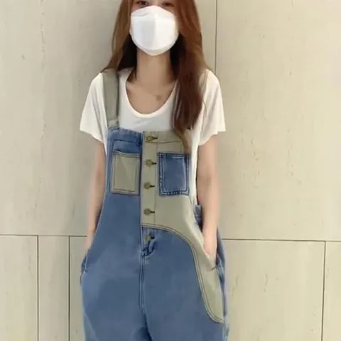 유럽 데님 멜빵바지 여성 와이드 레귤러 점프수트