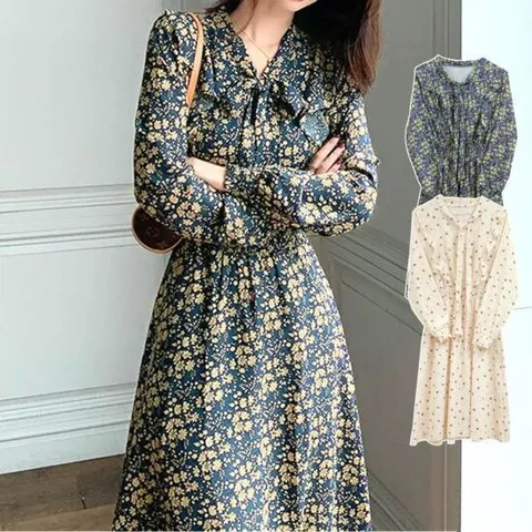 [깨비몰]여성 봄가을 쉬폰 리본 프릴 꽃무늬 롱원피스