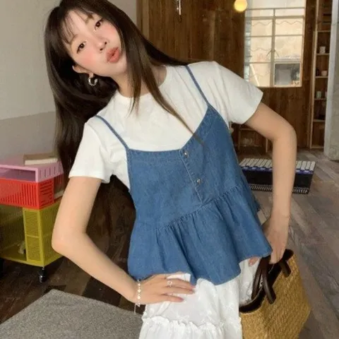 [제이0][제이0]스카이 데님 프릴 뷔스티에 나시 블라우스