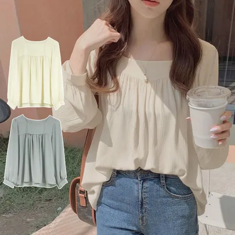[로아리빙]여성 긴팔 스퀘어넥 쉬폰 상의 봄 가을 블라우스