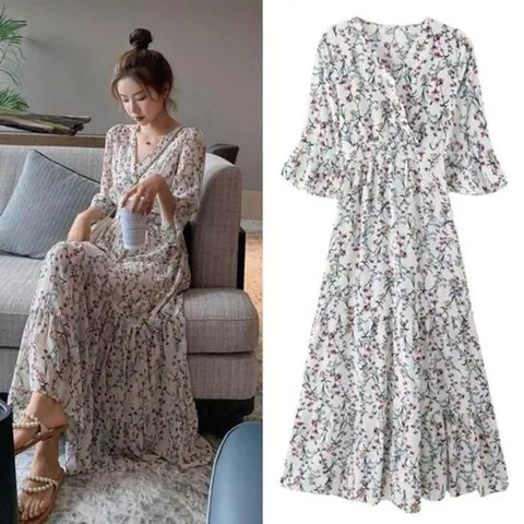 여성 편한 플라워 롱 여름 반팔 바캉스 쉬폰 원피스