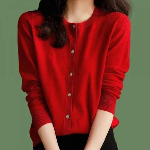 여성 봄 가을 무지 라운드 예쁜 단추 가디건 레드 니트가디건 여