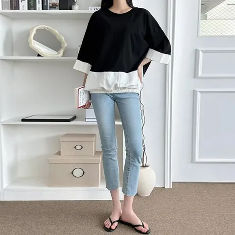 [르포엠마]킨드 바스락 배색 밴딩 7부 티셔츠 A3