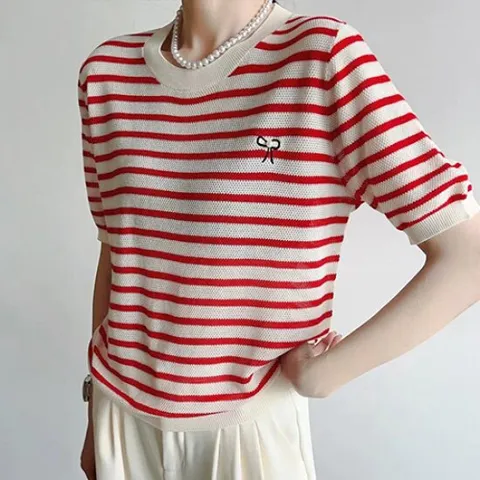 [유니제이] 랜더 스트라이프 패치 포인트 퍼프 반팔 니트티