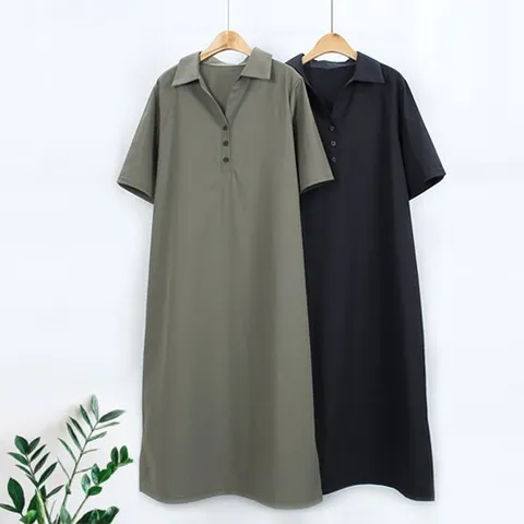 [해피통통] 빅사이즈 반오픈 카라 반팔 원피스 여성 여름 롱원피스 캐주얼한 오피스옷 미시 여성의류